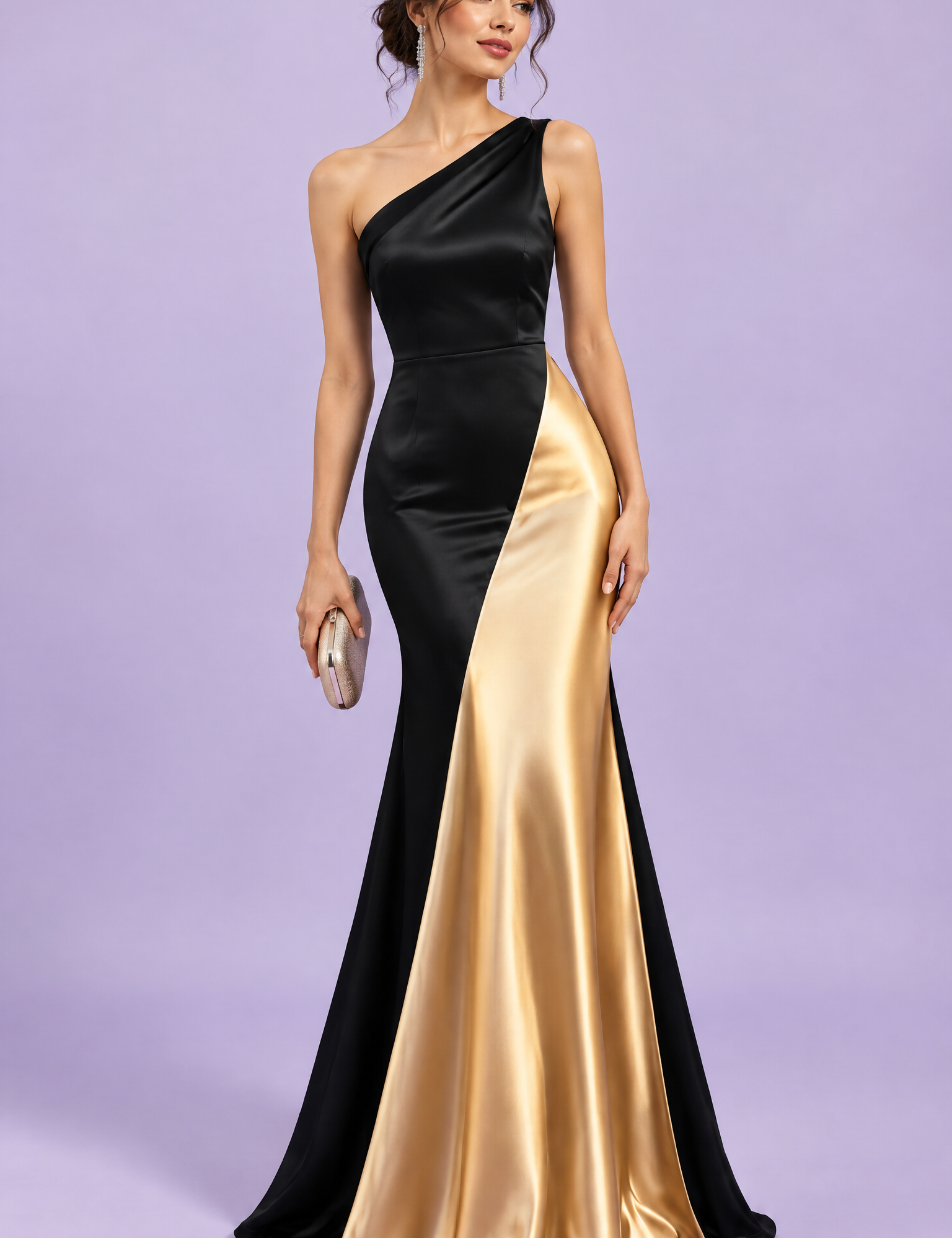 Robe longue noire et dorée à une épaule | Vue de face | Lounelle Paris