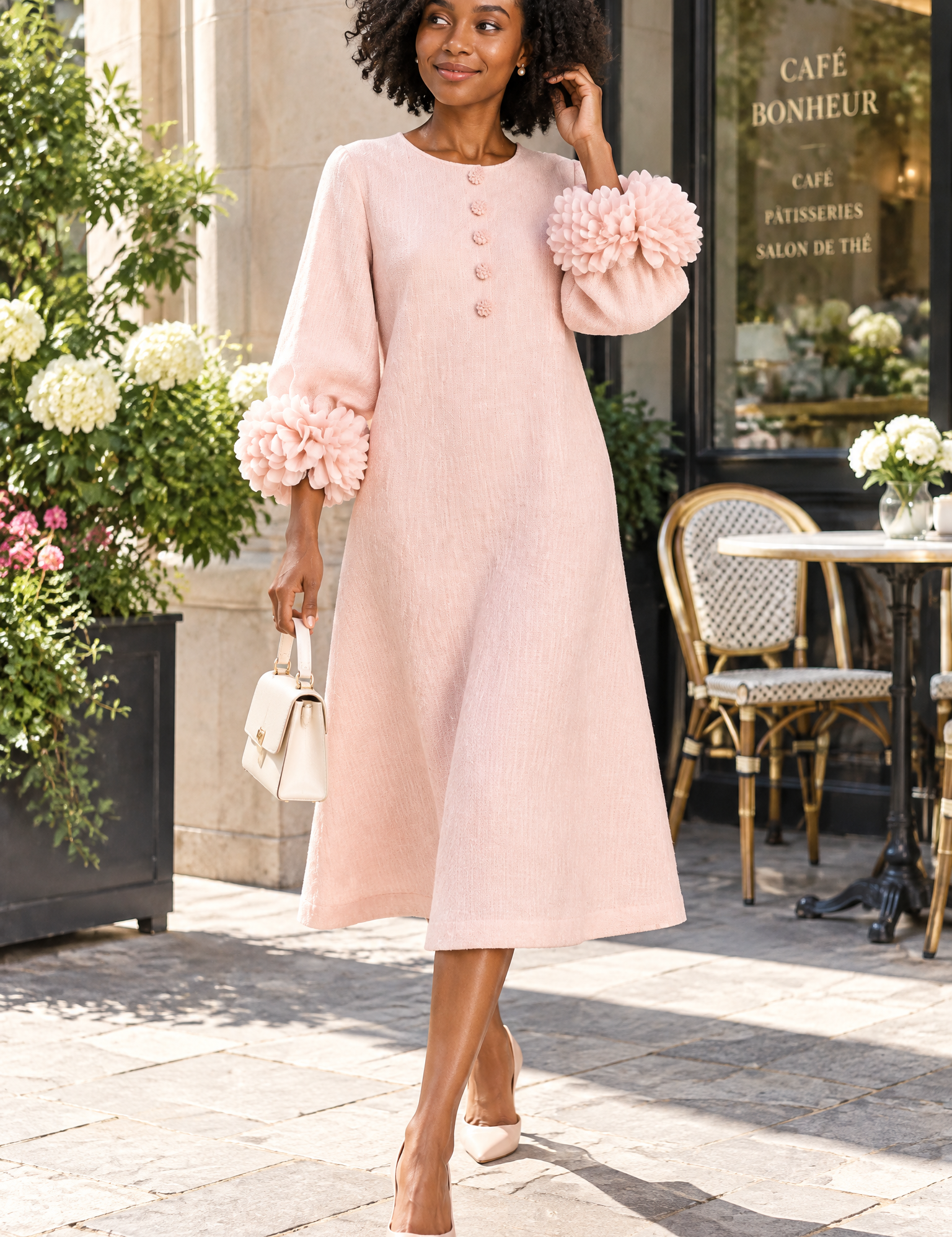 Robe midi rose coupe trapèze à manches bouffantes | Photo lifestyle | Lounelle Paris