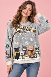Pull oversize gris à motif chat | Vue de face | Lounelle Paris