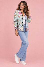 Cardigan fleuri boutonné bleu | Vue de dos | Lounelle Paris