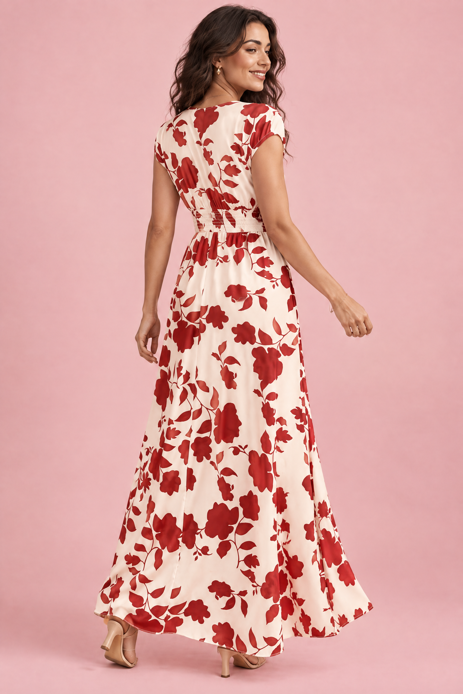 Robe longue écrue à fleurs et taille smockée | Vue de dos | Lounelle Paris