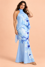 Jupe longue asymétrique bleue à imprimé floral en satin mat | Porté sur une autre silhouette | Lounelle Paris