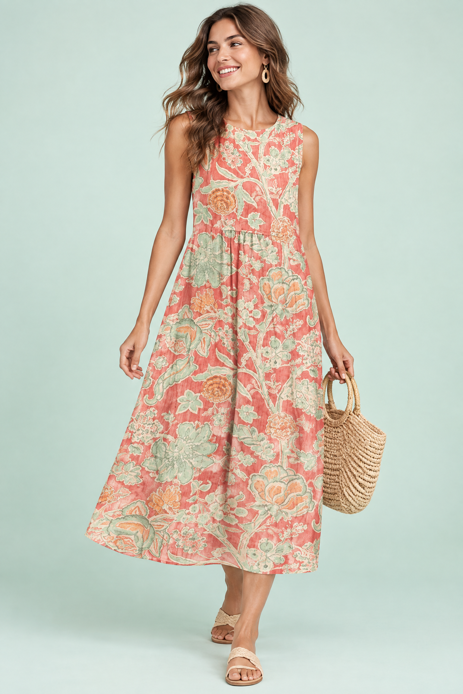 Robe midi corail à imprimé floral | Vue de face | Lounelle Paris