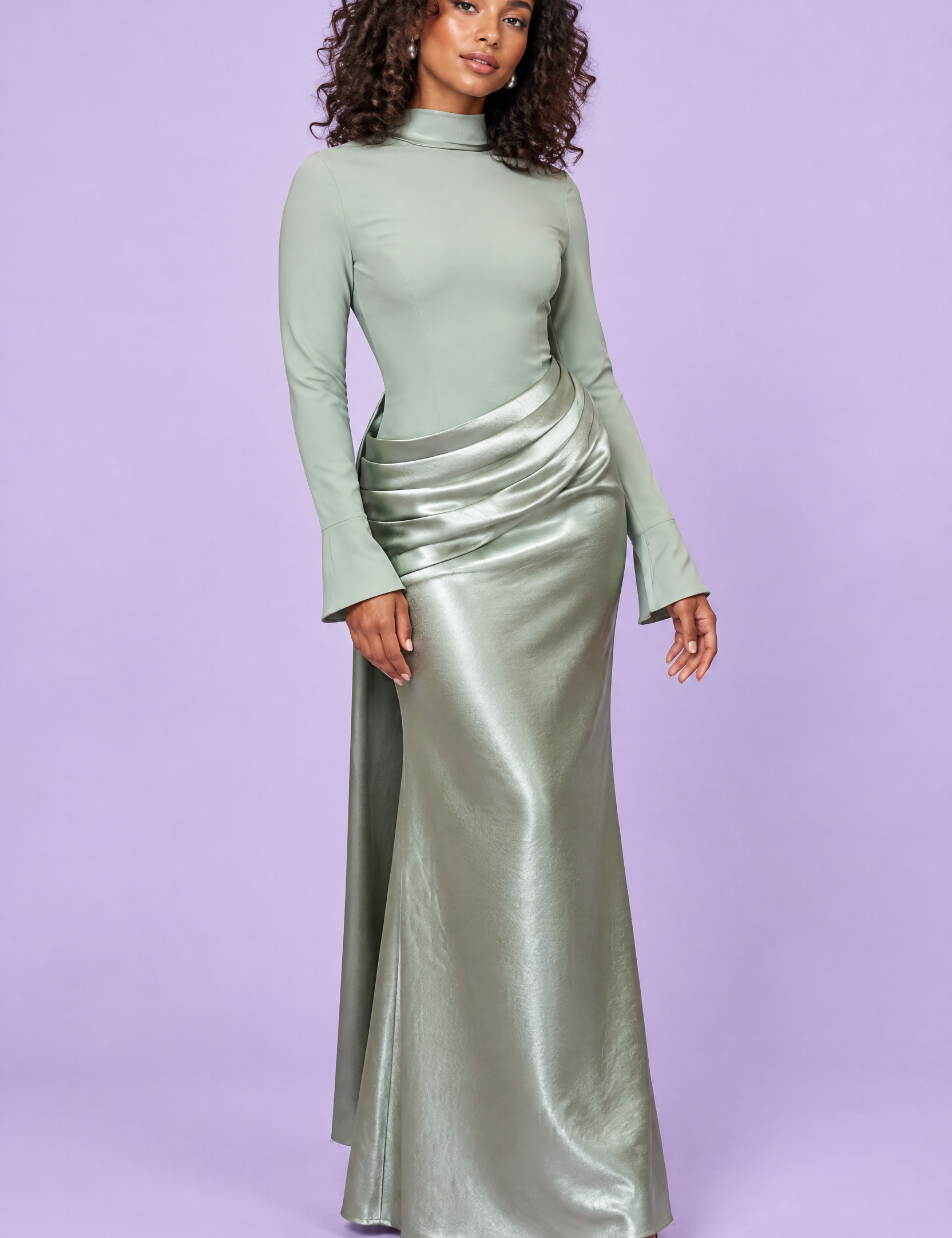 Robe longue froncée vert menthe | Vue de face | Lounelle Paris