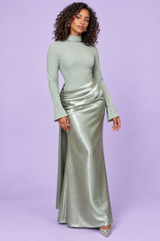 Robe longue froncée vert menthe | Vue de face | Lounelle Paris
