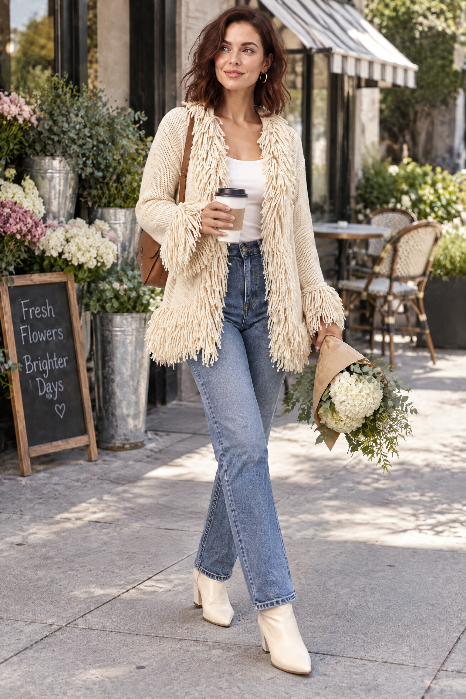 Gilet crème à franges | Photo lifestyle | Lounelle Paris