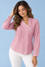 Blouse rayée asymétrique rose | Vue rapprochée | Lounelle Paris
