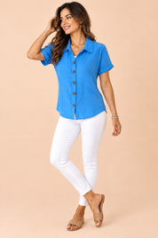 Chemise bleue à manches courtes et col classique | Vue de dos | Lounelle Paris
