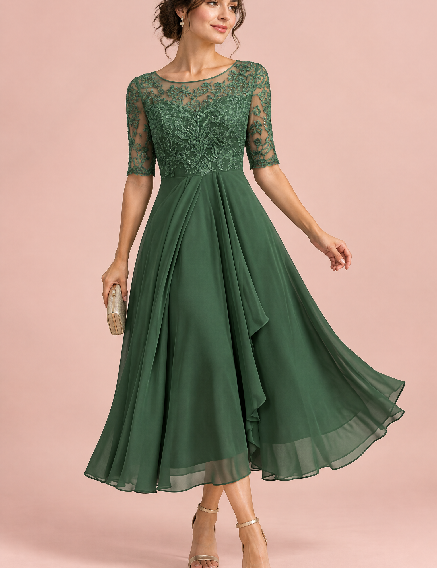 Robe en mousseline à corsage brodé vert forêt | Vue de face | Lounelle Paris