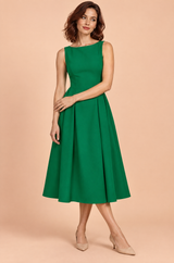 Abito midi verde con scollo a barca e linea ad A