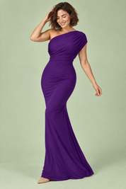 Robe longue violette à encolure Bardot et bretelle torsadée | Vue en mouvement | Lounelle Paris