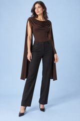 Body marrone aderente con arricciature e scollo drappeggiato