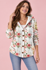 Cardigan bianco panna con cappuccio e stampa floreale