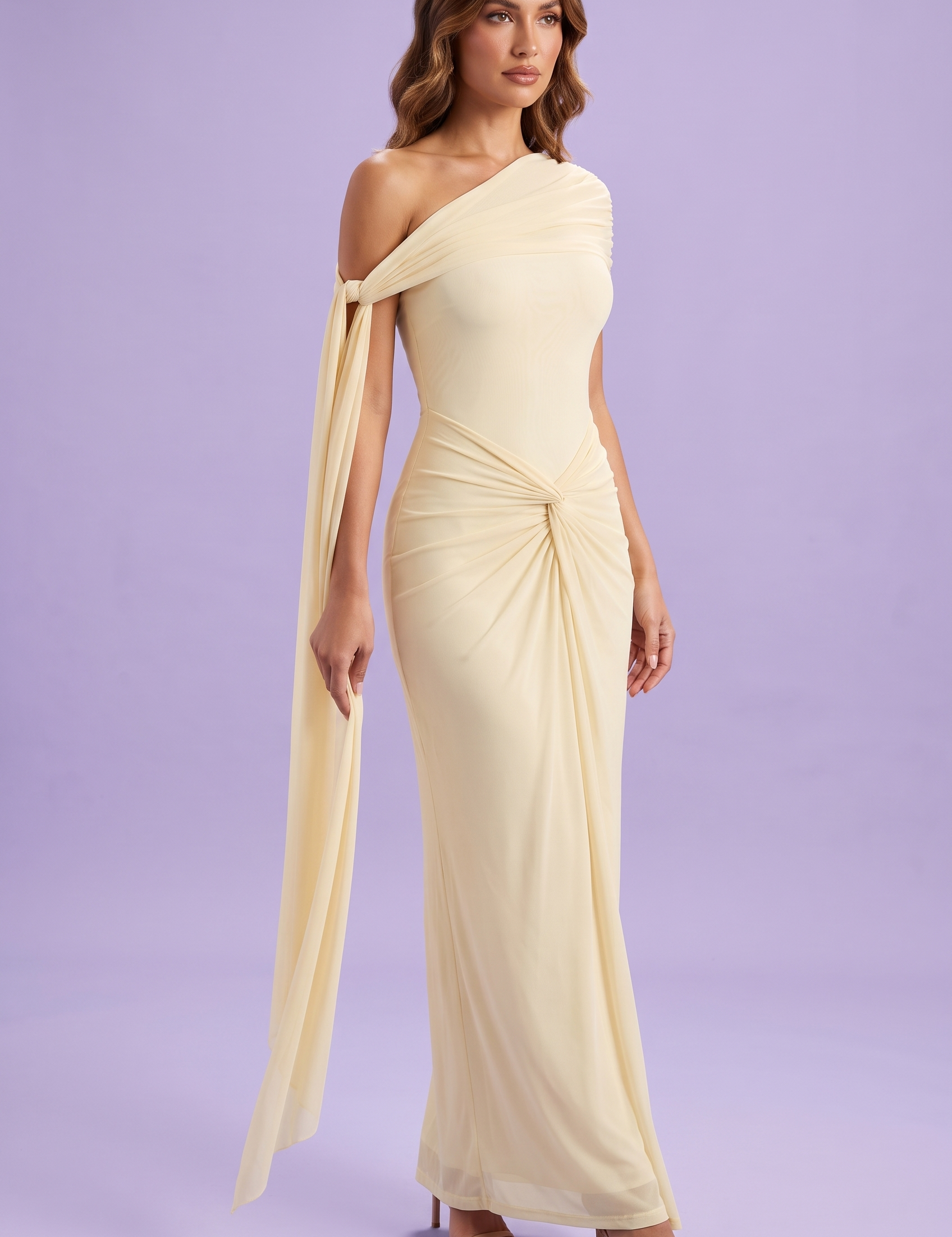 Robe longue moulante froncée asymétrique jaune | Vue de face | Lounelle Paris