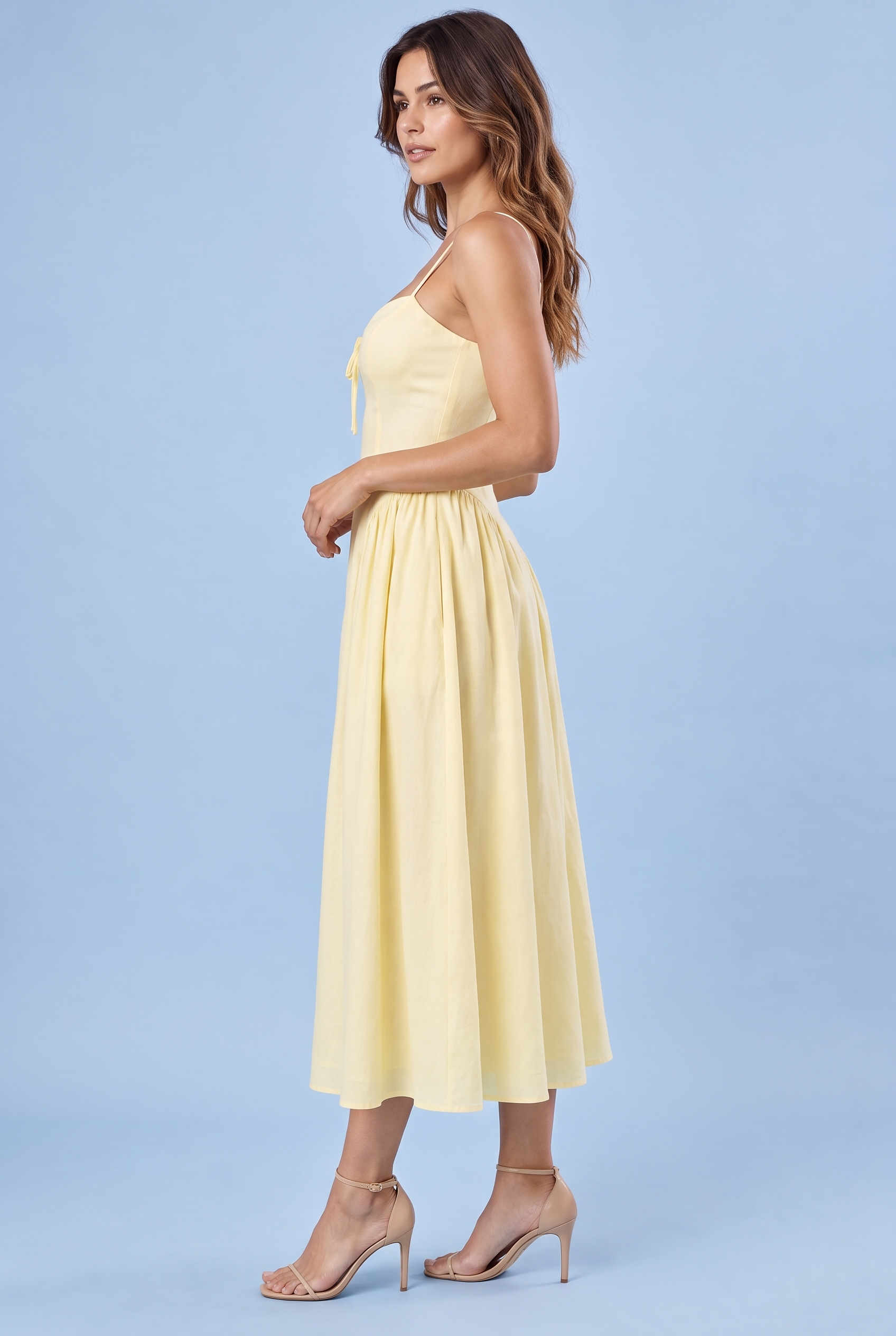 Robe midi jaune à imprimé floral, décolleté cœur et fronces | Vue de dos | Lounelle Paris