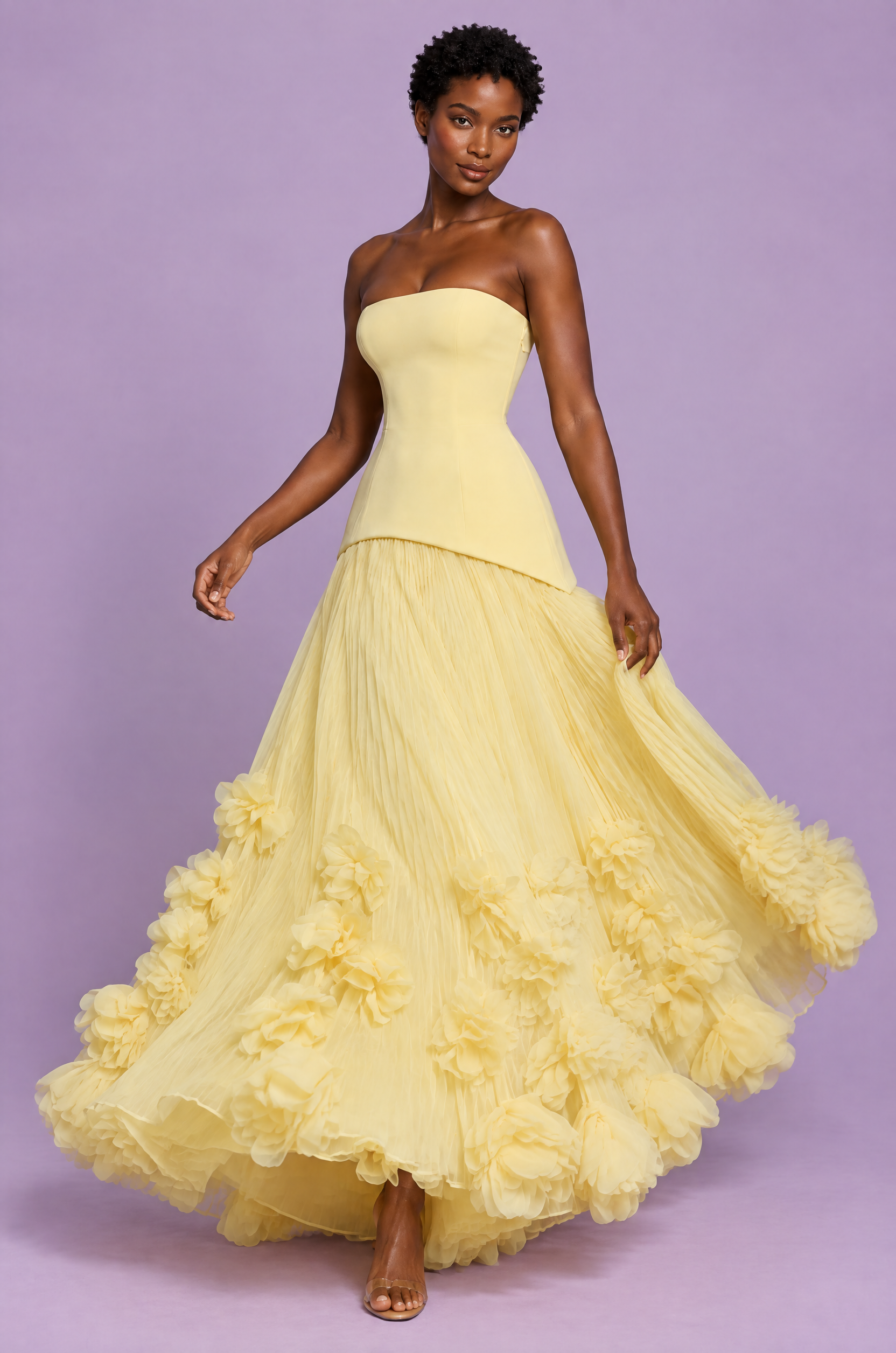 Robe longue bustier plissée jaune | Vue en mouvement | Lounelle Paris