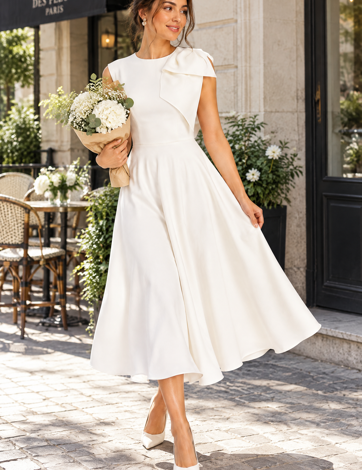 Robe midi blanche à encolure asymétrique et manche à nœud | Photo lifestyle | Lounelle Paris