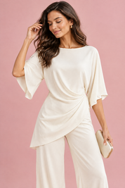 Ensemble pantalon blanc cassé plissé effet portefeuille | Vue rapprochée | Lounelle Paris