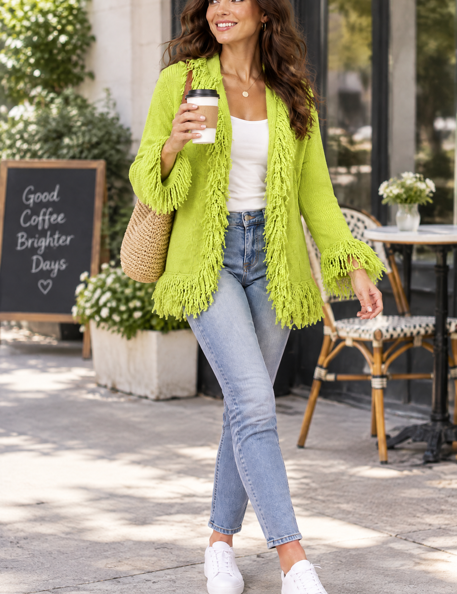 Gilet vert citron à franges | Photo lifestyle | Lounelle Paris