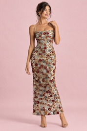 Robe courte dorée ornée de sequins à motifs floraux, à col rond | Vue de face | Lounelle Paris