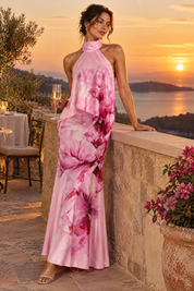 Jupe longue asymétrique rose à imprimé floral en satin mat | Deuxième photo lifestyle | Lounelle Paris