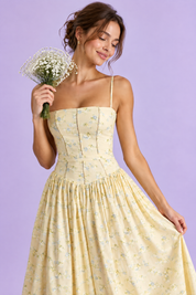 Robe longue jaune à corset | Vue rapprochée | Lounelle Paris