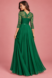 Robe longue verte à empiècement en dentelle | Vue de dos | Lounelle Paris