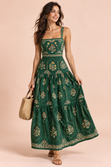 Abito maxi verde bosco a fiori con balze