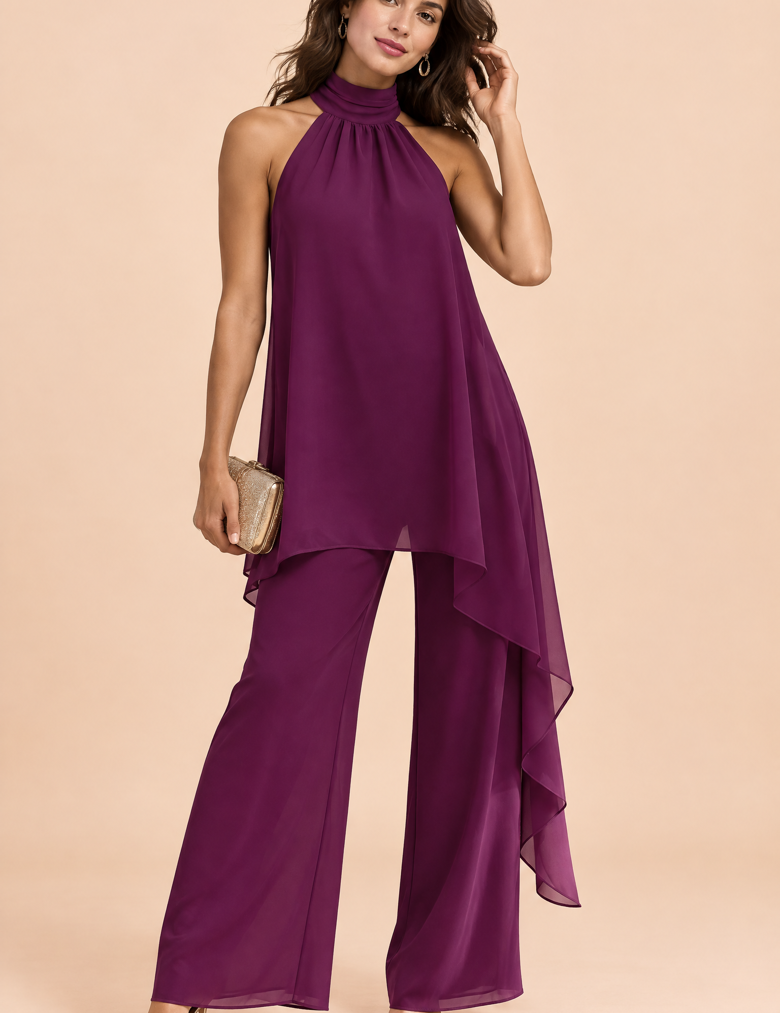Ensemble pantalon fluide violet sans manches | Vue de face | Lounelle Paris