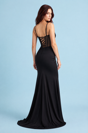 Robe longue noire façon corset, froncée et fendue | Vue de dos | Lounelle Paris