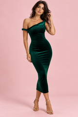 Abito maxi asimmetrico in velluto verde scuro con dettaglio twist