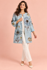Cappotto midi floreale azzurro con perline