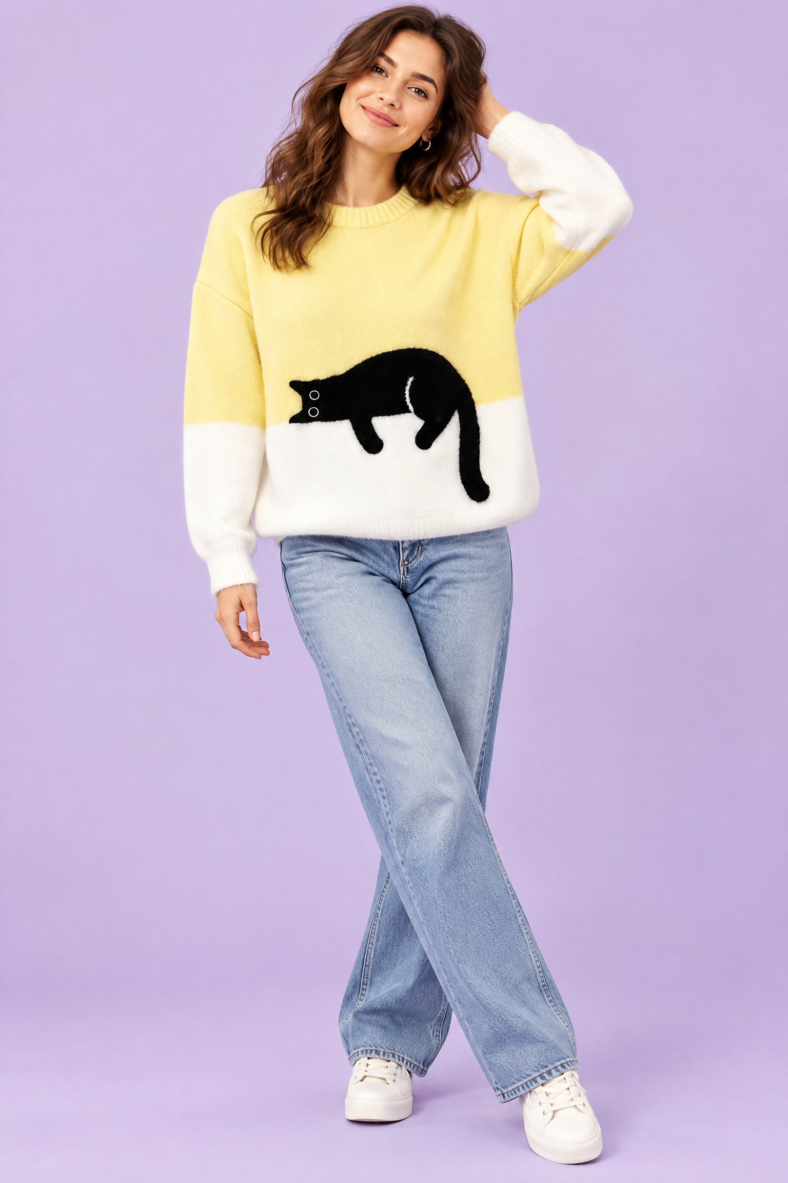 Pull oversize jaune à motif chat | Vue de face | Lounelle Paris