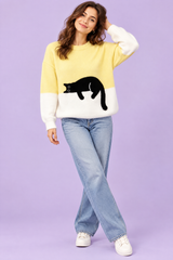 Maglione oversize giallo con motivo di gatti