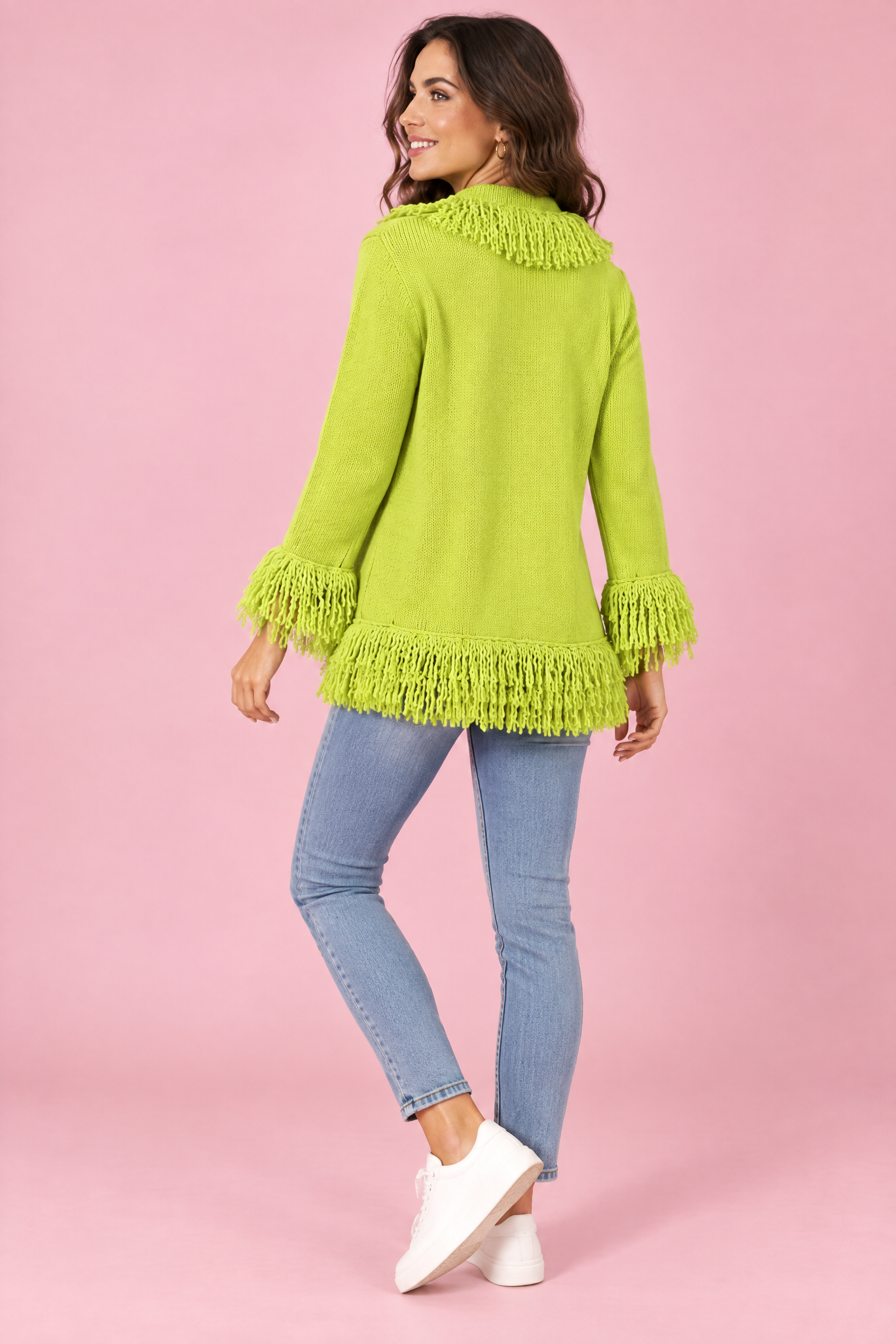 Gilet vert citron à franges | Vue de dos | Lounelle Paris