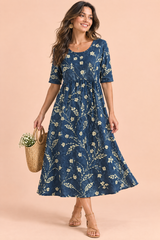 Abito midi svasato con stampa floreale blu navy