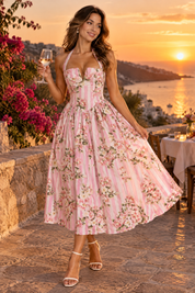 Robe longue rose dos nu à rayures et motifs floraux | Deuxième photo lifestyle | Lounelle Paris