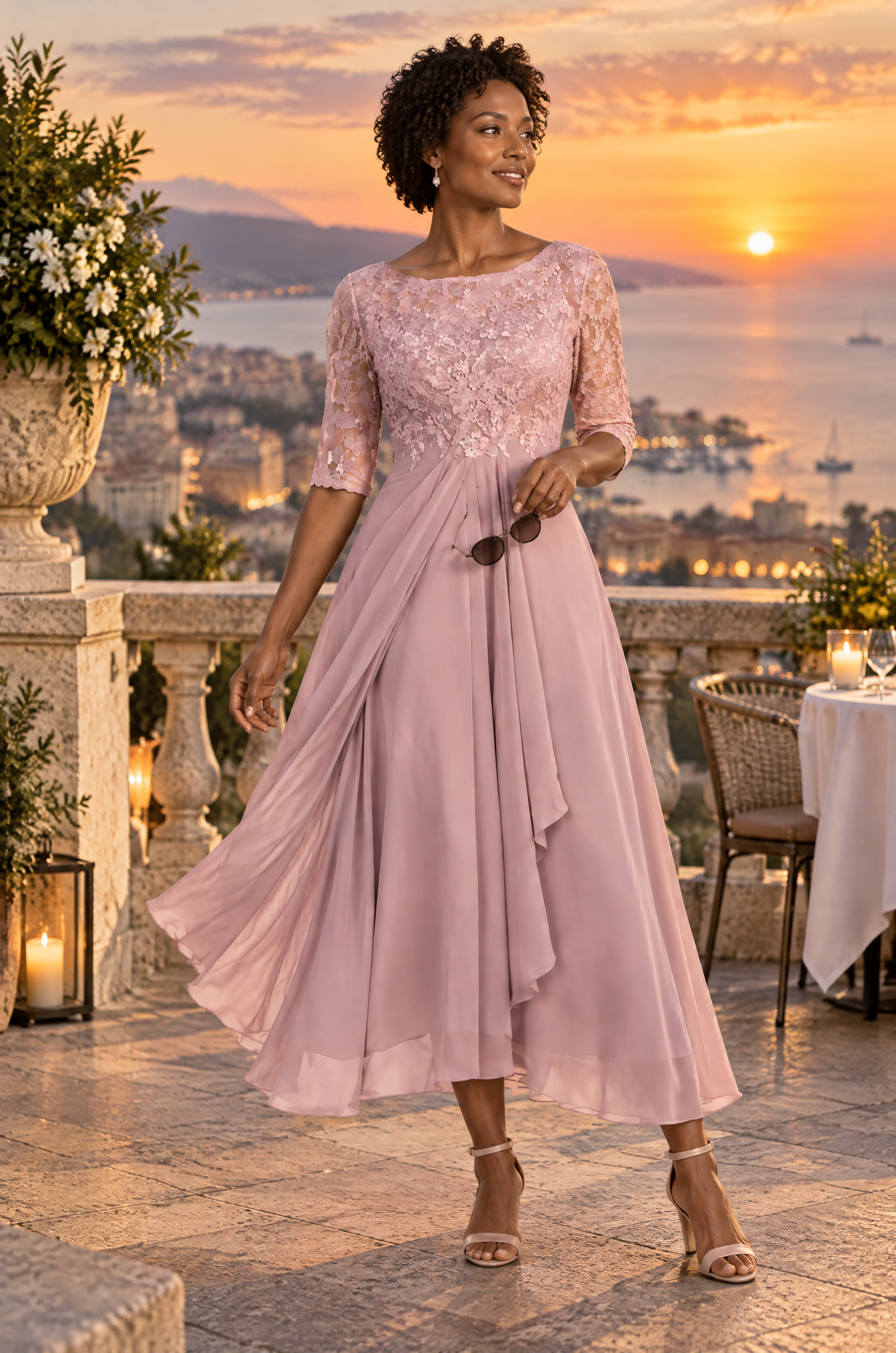 Robe en mousseline à corsage brodé rose poudré | Deuxième photo lifestyle | Lounelle Paris