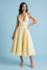 Abito midi jacquard con scollo all’americana giallo