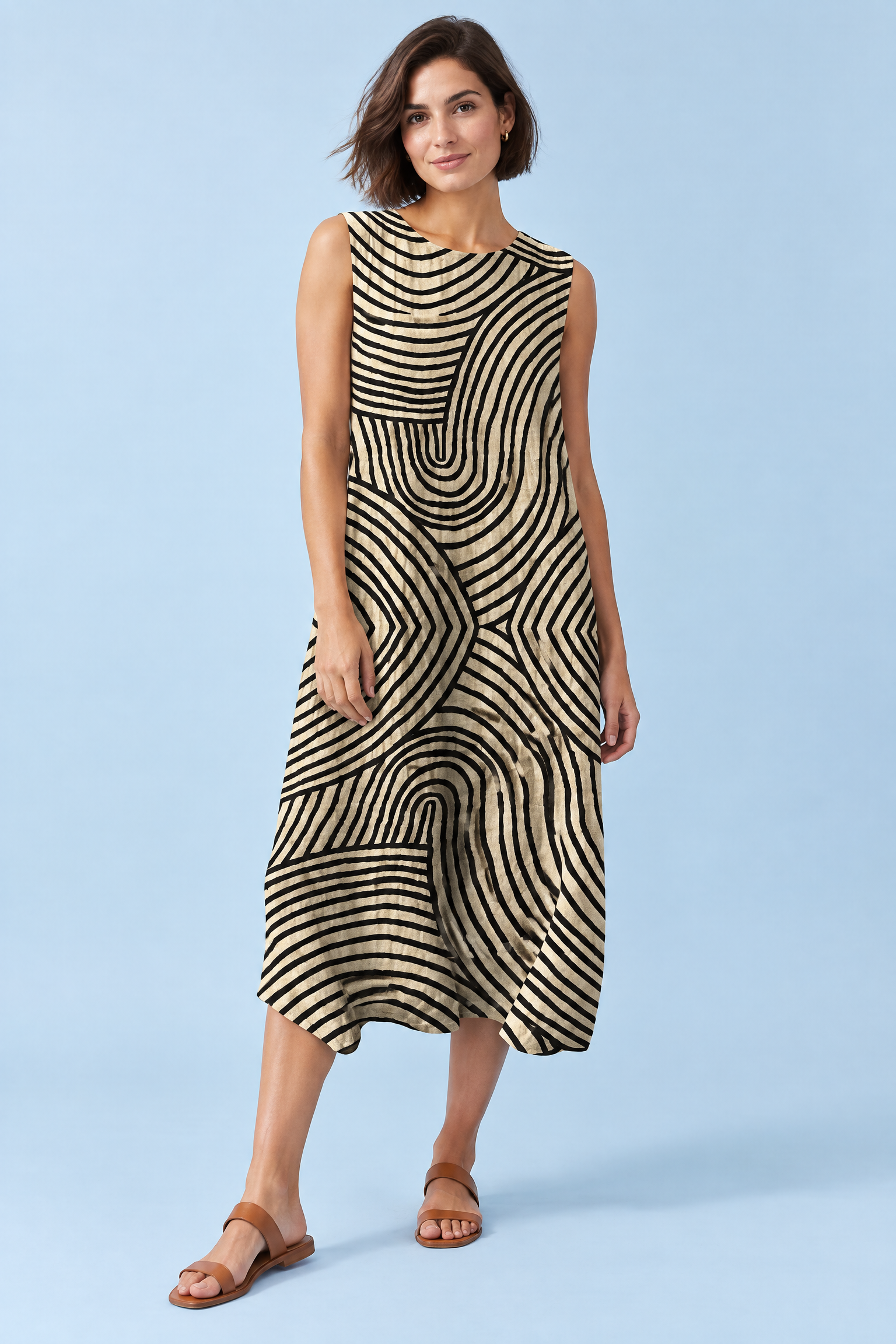 Robe midi écrue rayée sans manches | Vue de face | Lounelle Paris