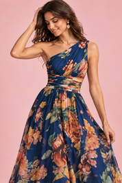 Robe bleue fleurie à une épaule | Vue rapprochée | Lounelle Paris