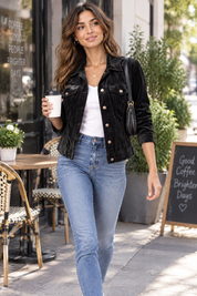 Veste-chemise noire à poches utilitaires | Photo lifestyle | Lounelle Paris
