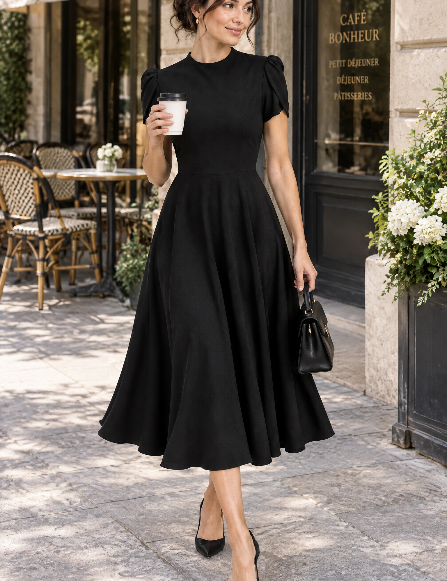 Robe midi noire à col montant et manches bouffantes | Photo lifestyle | Lounelle Paris