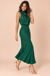 Robe midi trapèze vert foncé à col foulard | Vue de dos | Lounelle Paris