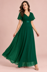 Abito verde smeraldo plissettato con scollo a V