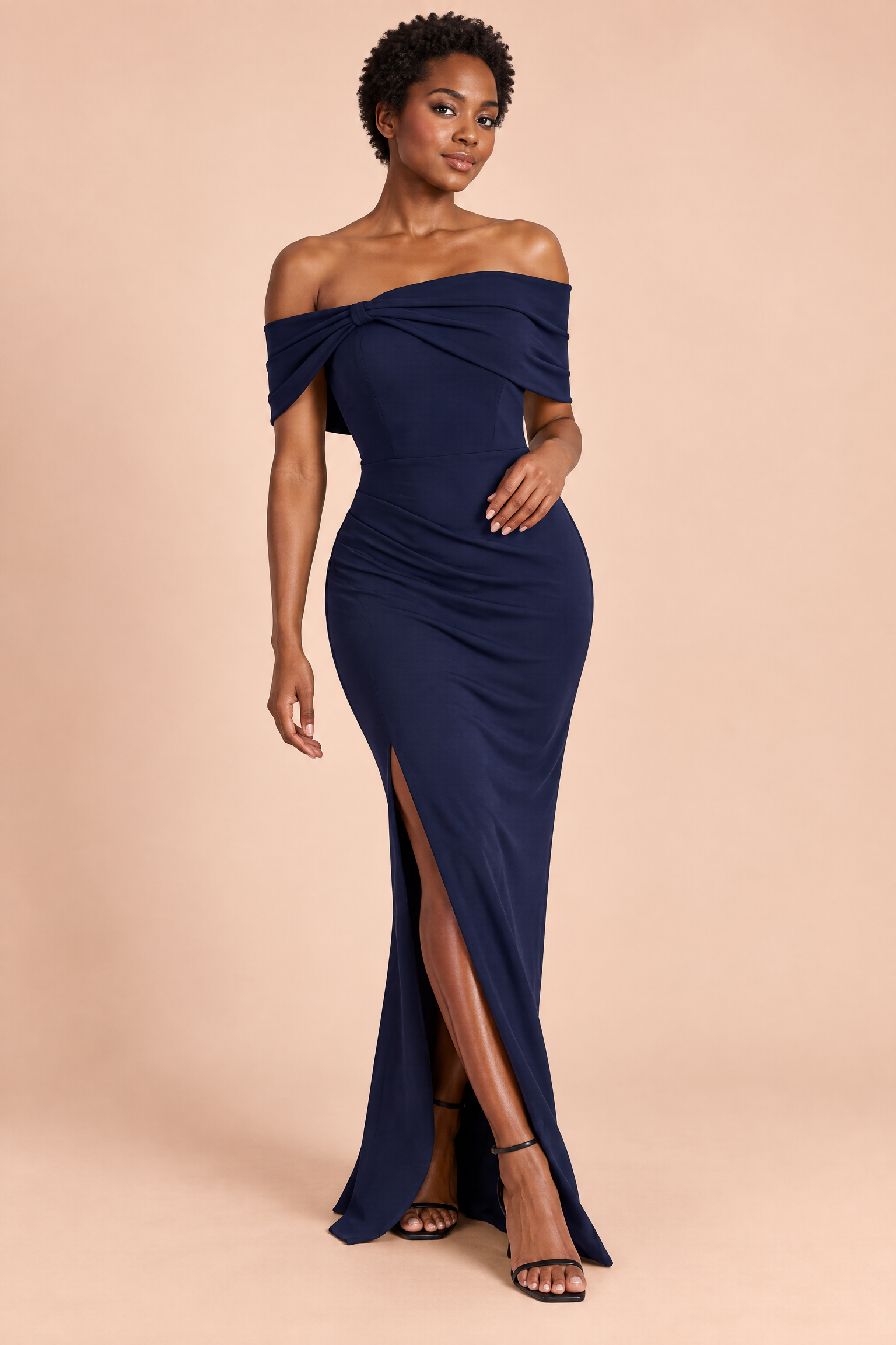 Robe longue bleu marine style Bardot, nœud et fente haute | Vue de face | Lounelle Paris