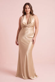 Robe longue sirène champagne dos nu à col bénitier | Porté sur une autre silhouette | Lounelle Paris