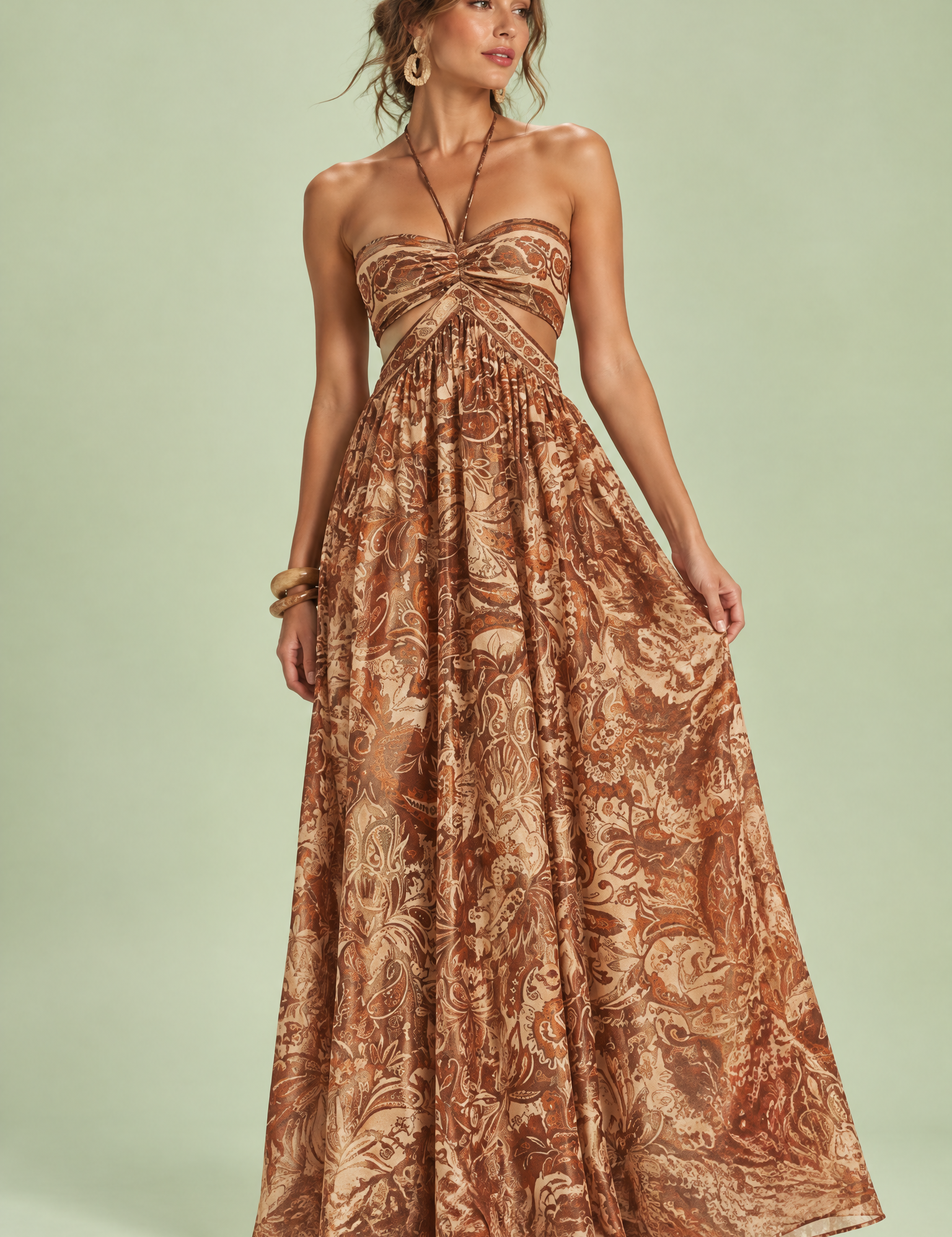 Robe longue marron à col licou et découpes | Vue de face | Lounelle Paris
