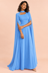Abito lungo blu royal con scollo quadrato e maniche a mantella