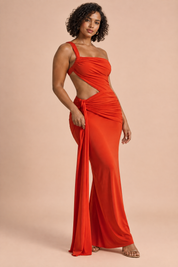 Robe longue orange rouge asymétrique à jupe portefeuille | Porté sur une autre silhouette | Lounelle Paris
